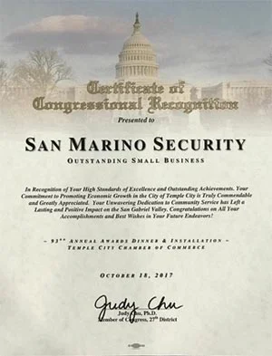 Certificate of Congressional Recognition - Presented to San Marino Security - Outstanding Small Business