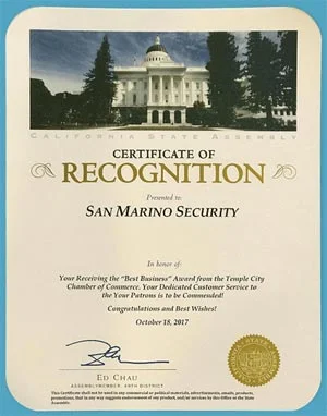 Certificate of Recognition - Presented to San Marino Security