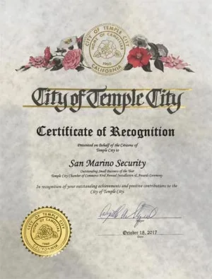 Certificate of Recognition - Presented of Behalf of the Citizens of Temple City to San Marino Security